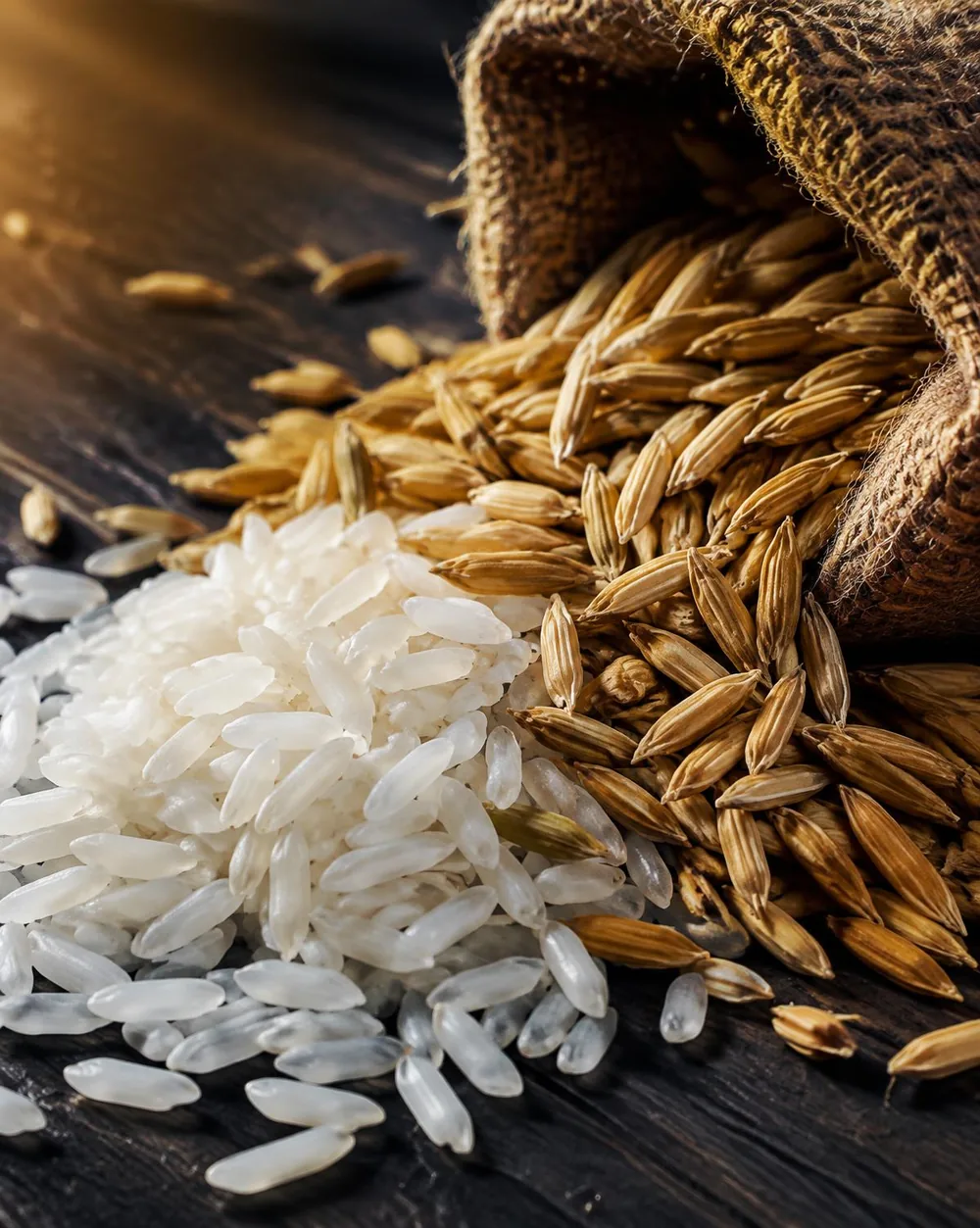 Illustrative close-up of paddy and raw milled rice grains